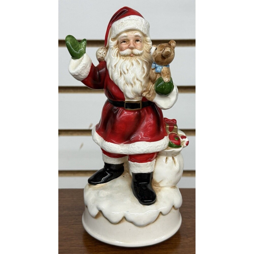 Lefton Jingle Bells Santa Claus Ceramic music box Signed 1987